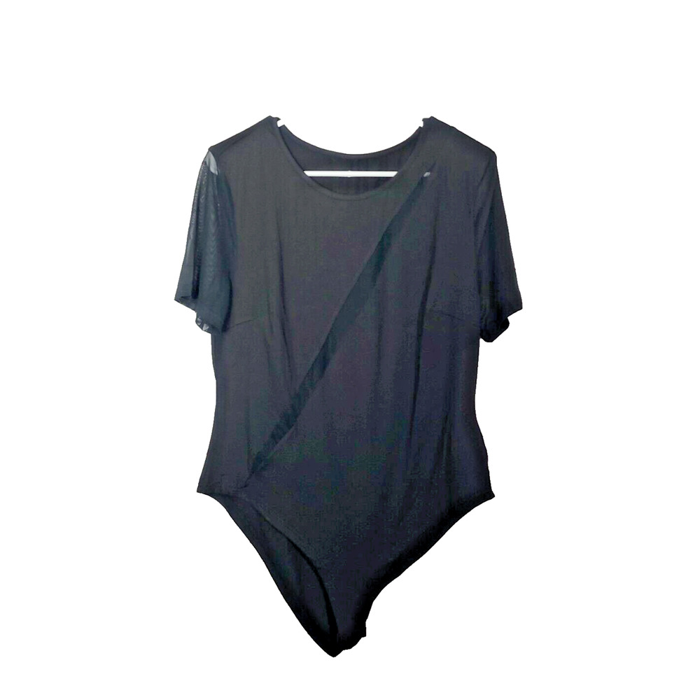 SHEIN Curve Black Mesh Cut-Out Round Neck Short Sleeve Bodysuit Womans Size 1XL